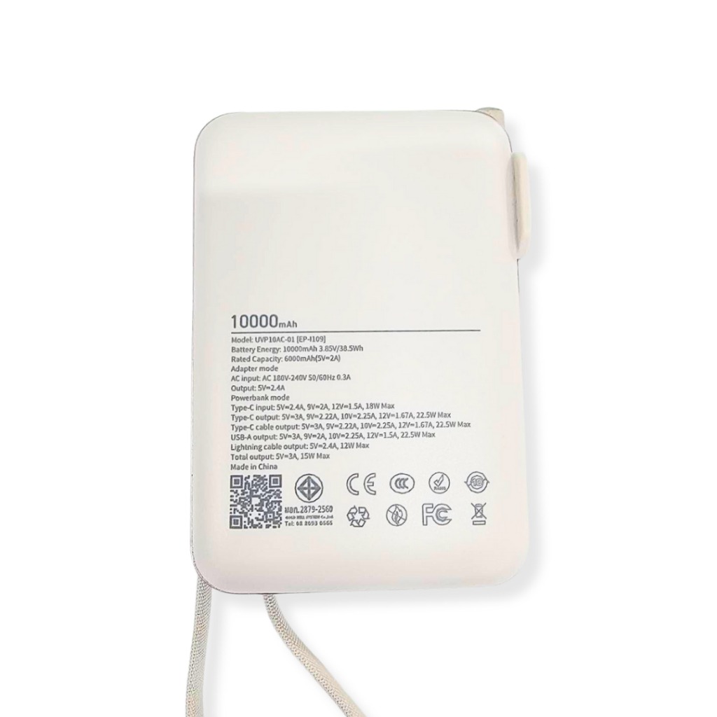 แบตเตอรี่สำรอง UVOLT UVP10AC-01-BLK (3C) 3IN1 10,000 MAH สีดำ รองรับ FAST CHARGE,PD 22W (มีสายในตัว)_4