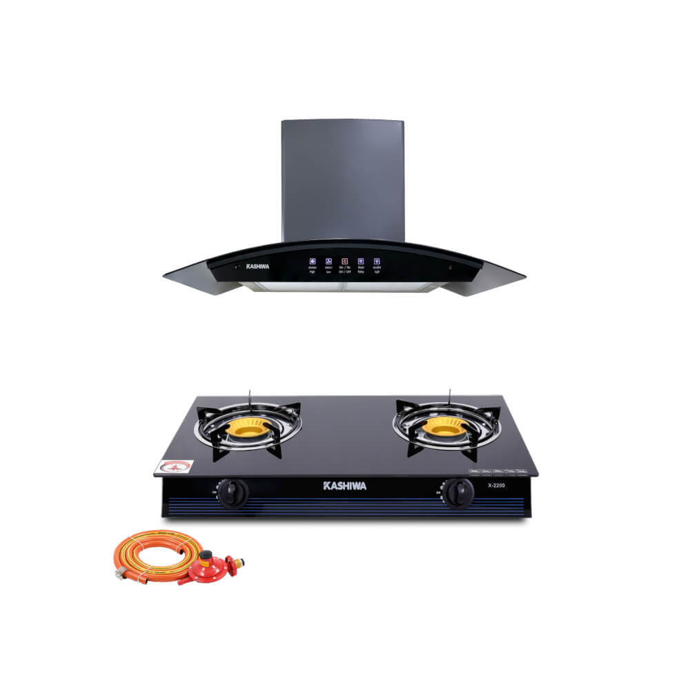 ชุดเซต เครื่องดูดควัน + เตาแก๊ส 2 หัว KASHIWA PSD-309H+ X-2200 + ชุดหัวปรับแรงดันต่ำ