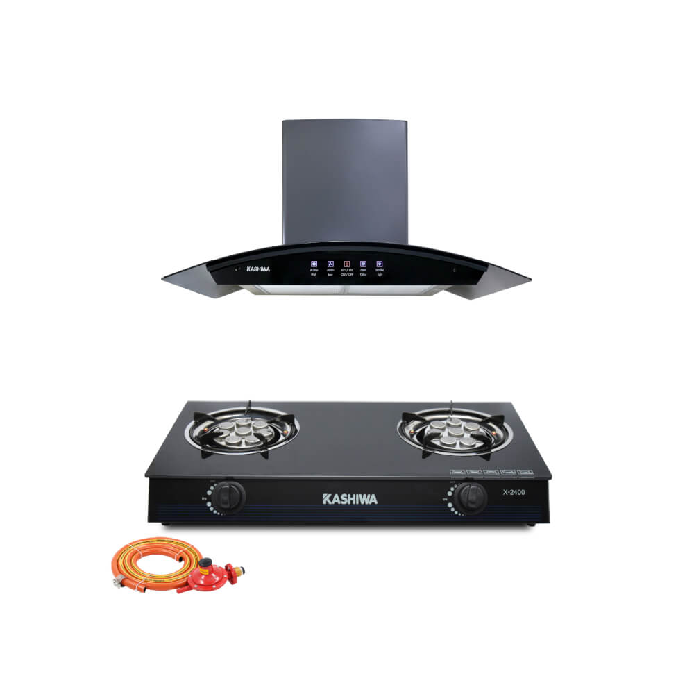 ชุดเซต เครื่องดูดควัน + เตาแก๊ส 2 หัว KASHIWA PSD-309H + X-2400 + ชุดหัวปรับแรงดันต่ำ
