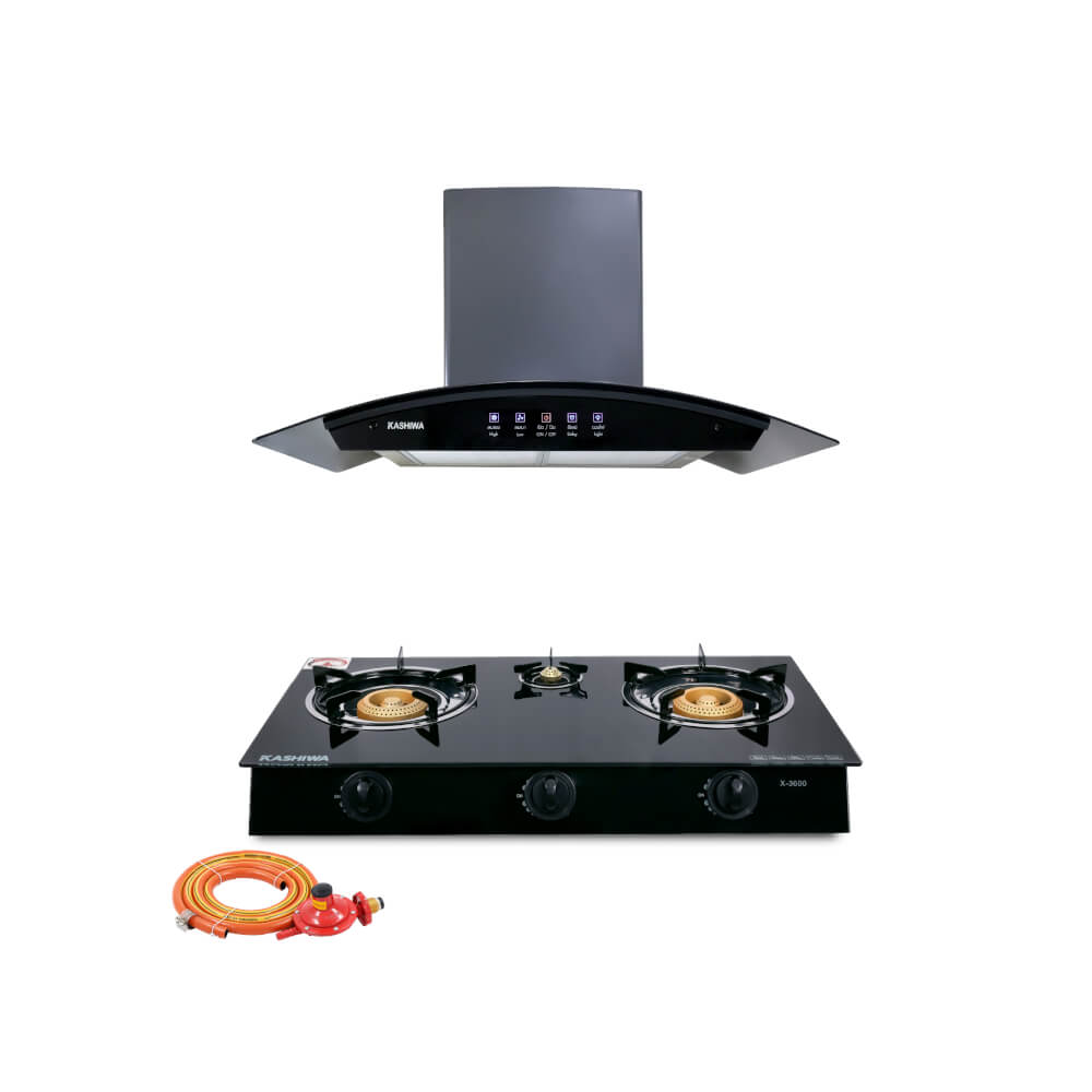ชุดเซต เครื่องดูดควัน + เตาแก๊ส 3 หัว KASHIWA PSD-309H + X-3600-B + ชุดหัวปรับแรงดันต่ำ