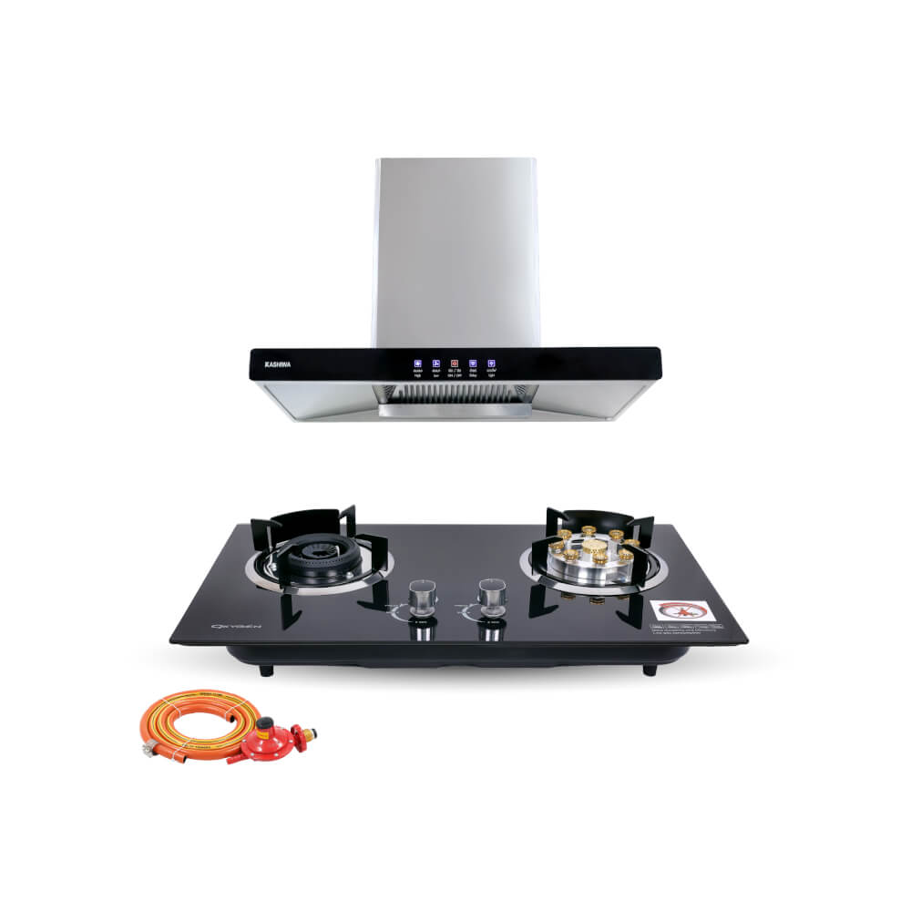 ชุดเซต เครื่องดูดควัน + เตาแก๊สฝัง 2 หัว KASHIWA PSD-203D + X-5600 + ชุดหัวปรับแรงดันต่ำ