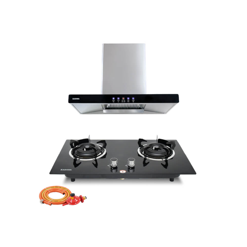 ชุดเซต เครื่องดูดควัน + เตาแก๊สฝัง 2 หัว KASHIWA PSD-203D + X-5000 + ชุดหัวปรับแรงดันต่ำ