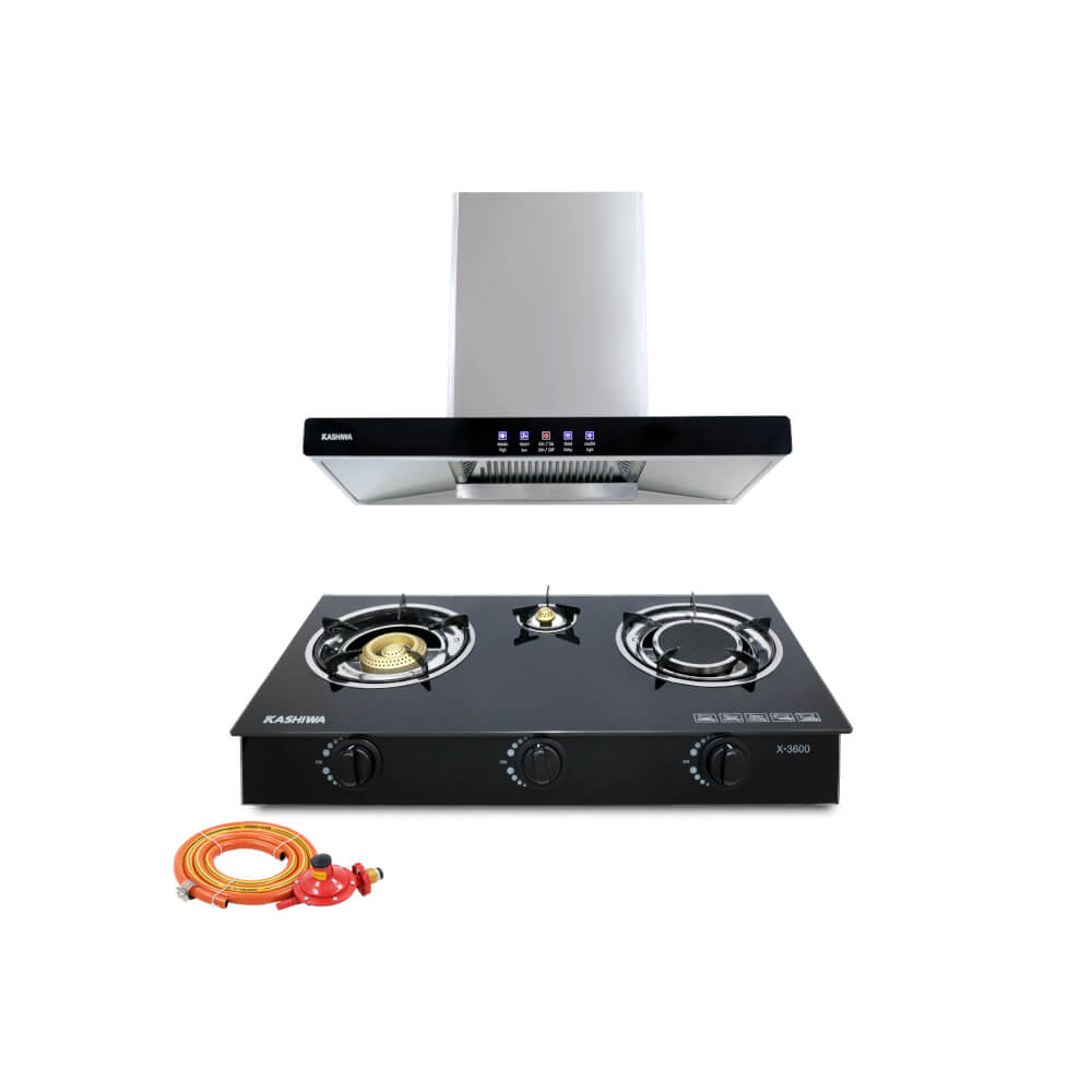 ชุดเซต เครื่องดูดควัน + เตาแก๊สฝัง 3 หัว KASHIWA PSD-203D + X-3600-A + ชุดหัวปรับแรงดันต่ำ
