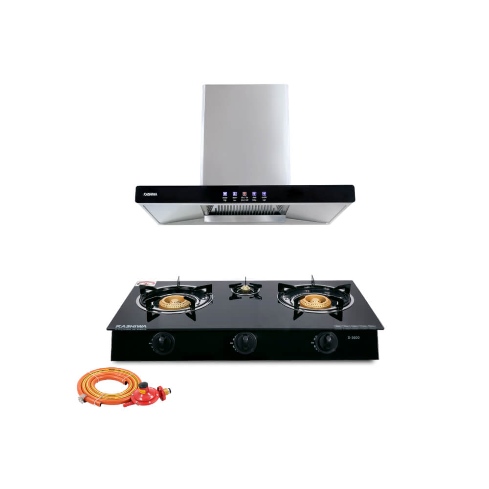 ชุดเซต เครื่องดูดควัน + เตาแก๊สฝัง 3 หัว KASHIWA PSD-203D + X-3600-B + ชุดหัวปรับแรงดันต่ำ