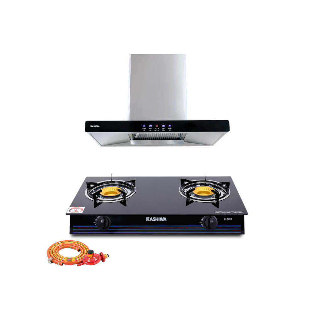 ชุดเซต เครื่องดูดควัน + เตาแก๊ส 2หัว KASHIWA PSD-203D + X-2200 + ชุดหัวปรับแรงดันต่ำ