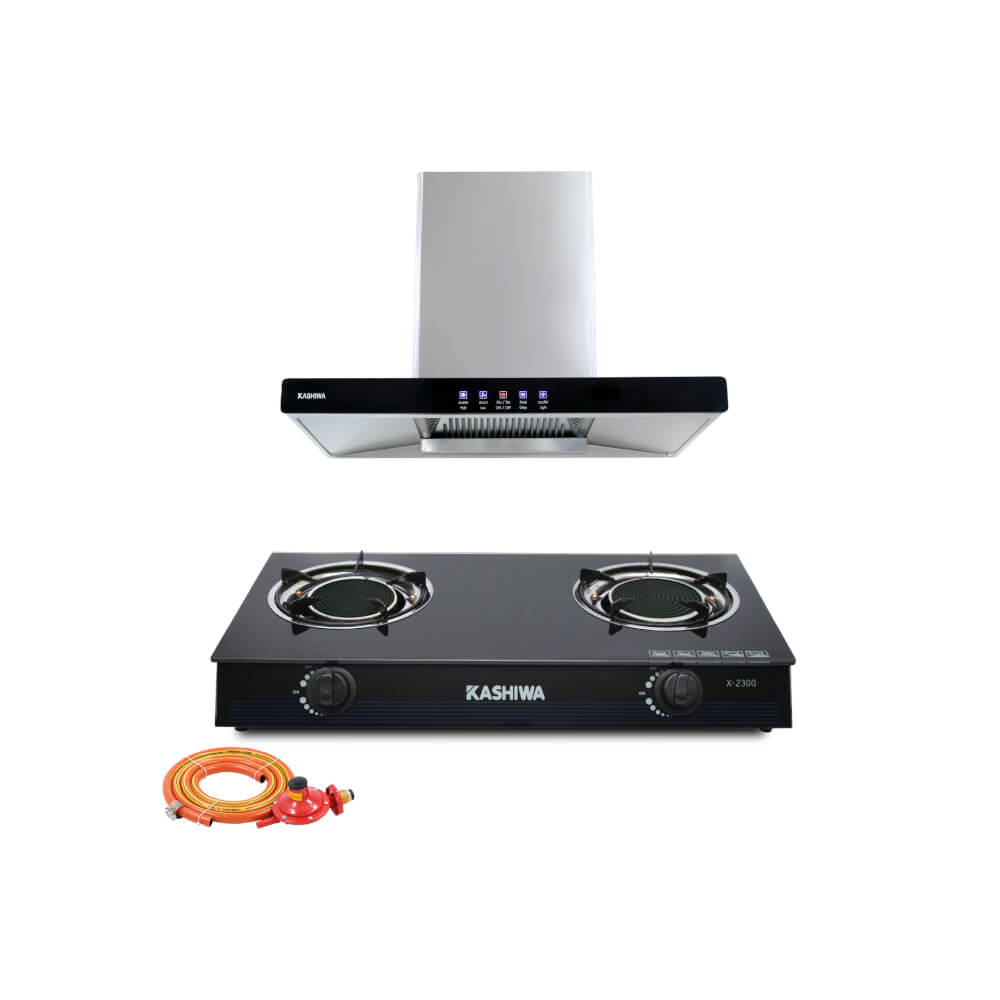 ชุดเซต เครื่องดูดควัน + เตาแก๊ส 2หัว KASHIWA PSD-203D + X-2300 + ชุดหัวปรับแรงดันต่ำ