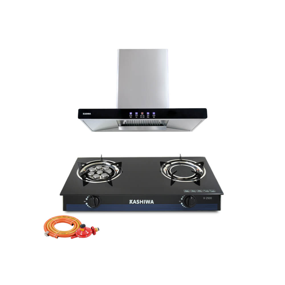 ชุดเซต เครื่องดูดควัน + เตาแก๊ส 2หัว KASHIWA PSD-203D + X-2500 + ชุดหัวปรับแรงดันต่ำ