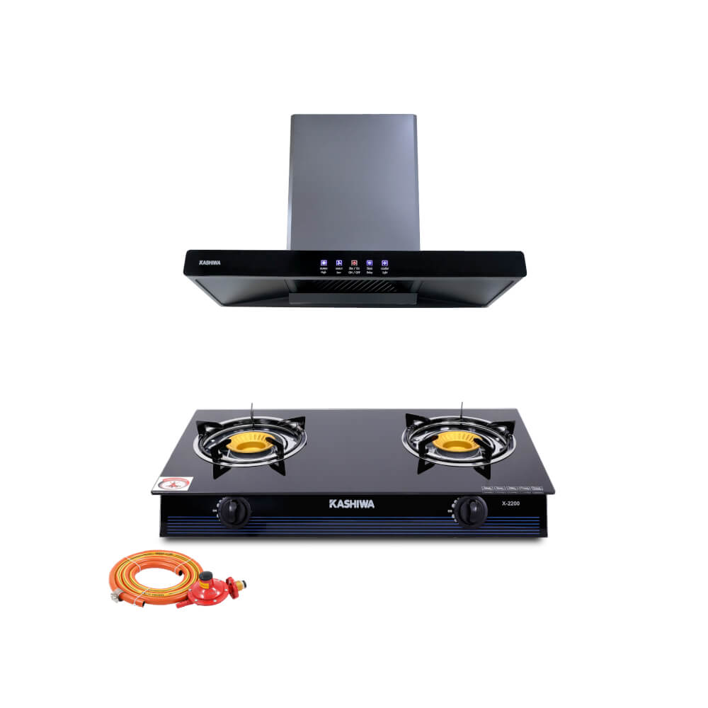 ชุดเซต เครื่องดูดควัน + เตาแก๊ส 2หัว KASHIWA PSD-204D + X-2200 + ชุดหัวปรับแรงดันต่ำ