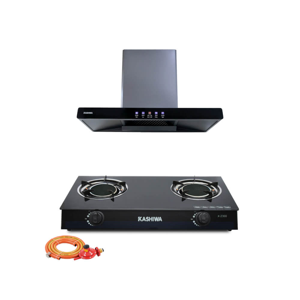 ชุดเซต เครื่องดูดควัน + เตาแก๊ส 2หัว KASHIWA PSD-204D + X-2300 + ชุดหัวปรับแรงดันต่ำ