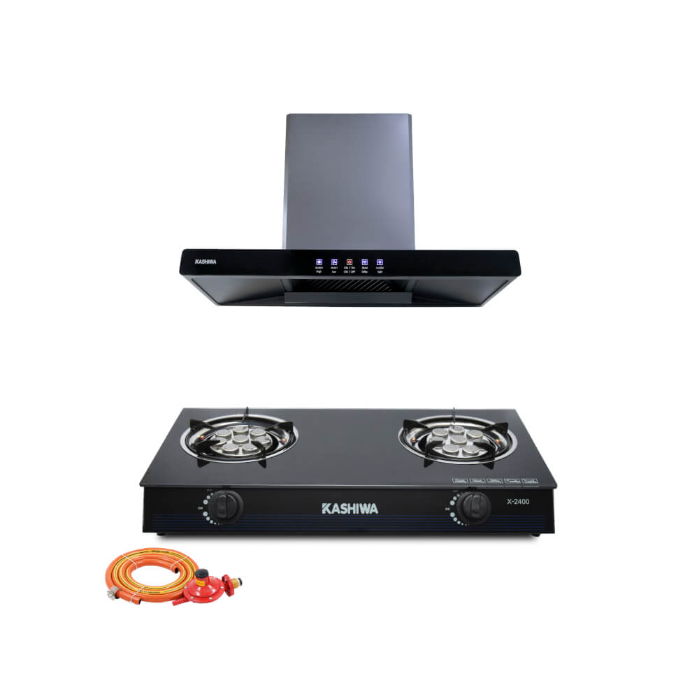 ชุดเซต เครื่องดูดควัน + เตาแก๊ส 2หัว KASHIWA PSD-204D + X-2400 + ชุดหัวปรับแรงดันต่ำ
