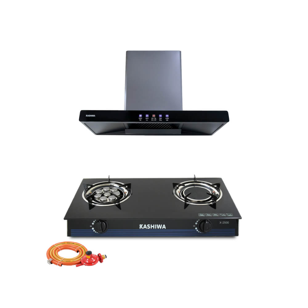 ชุดเซต เครื่องดูดควัน + เตาแก๊ส 2หัว KASHIWA PSD-204D + X-2500 + ชุดหัวปรับแรงดันต่ำ