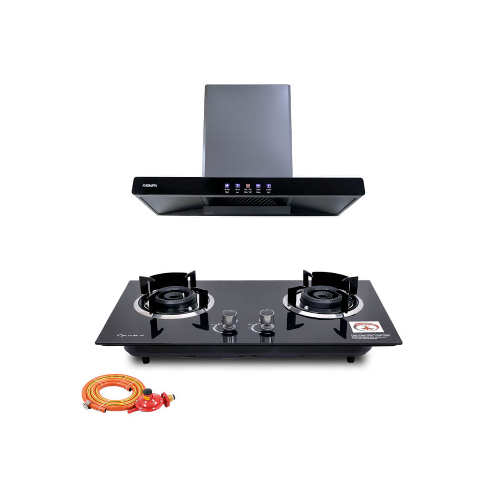 ชุดเซต เครื่องดูดควัน + เตาแก๊สฝัง 2 หัว KASHIWA PSD-204D+ X-5100 + ชุดหัวปรับแรงดันต่ำ