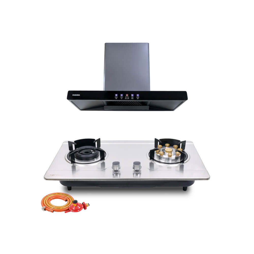 ชุดเซต เครื่องดูดควัน + เตาแก๊สฝัง 2 หัว KASHIWA PSD-204D + Q-5006 + ชุดหัวปรับแรงดันต่ำ