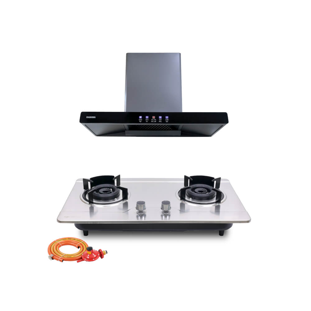 ชุดเซต เครื่องดูดควัน + เตาแก๊สฝัง 2 หัว KASHIWA PSD-204D + Q-5001 + ชุดหัวปรับแรงดันต่ำ