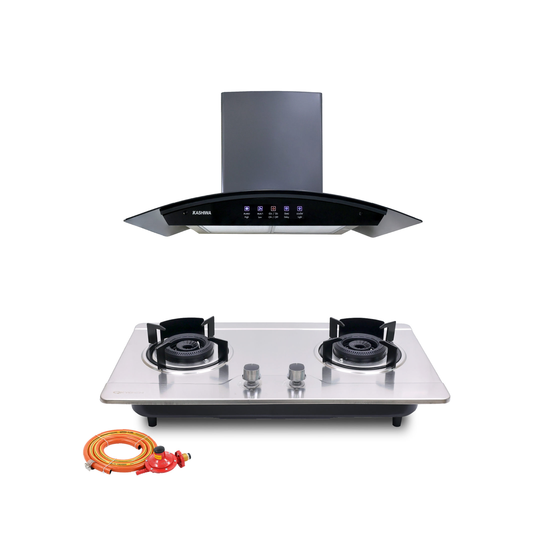 ชุดเซต เครื่องดูดควัน + เตาฝังแก๊ส 2 หัว KASHIWA PSD-309H+ Q-5001+สายปรับแรงดันต่ำ