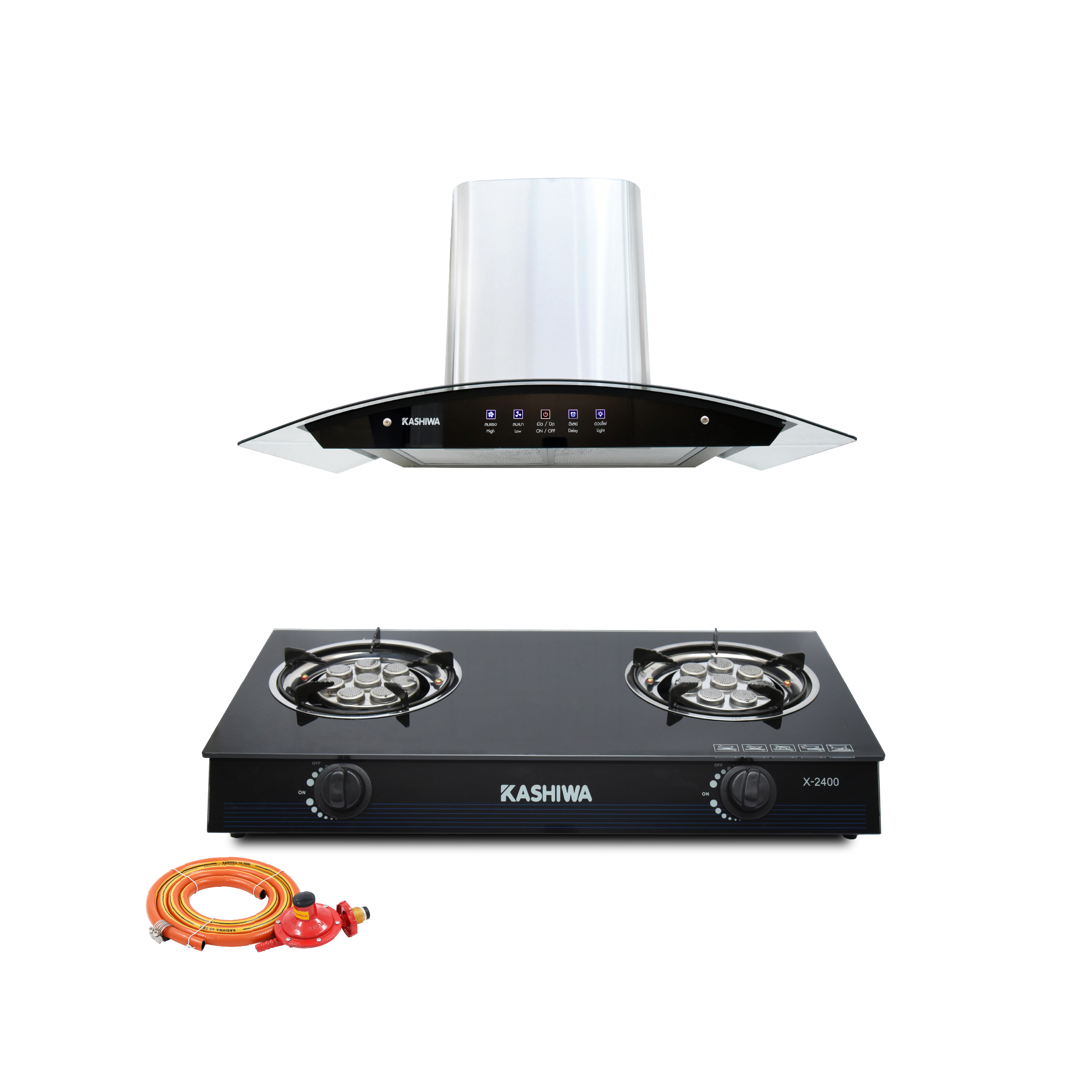 ชุดเซต เครื่องดูดควัน + เตาแก๊ส 2หัว KASHIWA PSD-308H + X-2400 +สายปรับแรงดันต่ำ