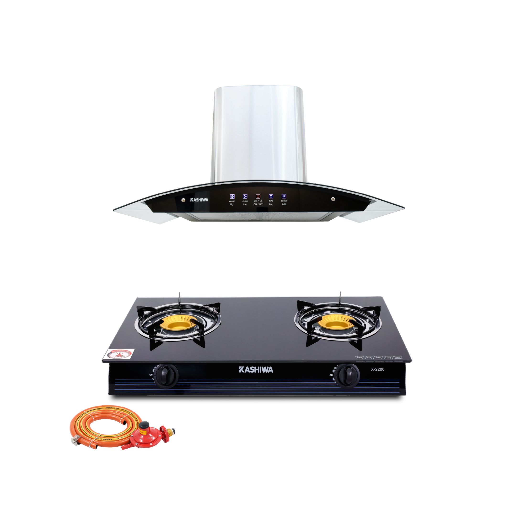 ชุดเซต เครื่องดูดควัน + เตาแก๊ส 2หัว KASHIWA PSD-308H + X-2200 +สายปรับแรงดันต่ำ