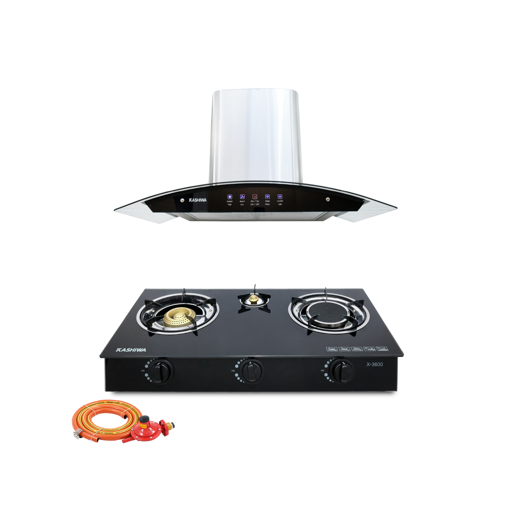 ชุดเซต เครื่องดูดควัน + เตาแก๊ส 3หัว KASHIWA PSD-308H + X-3600-A +สายปรับแรงดันต่ำ_0