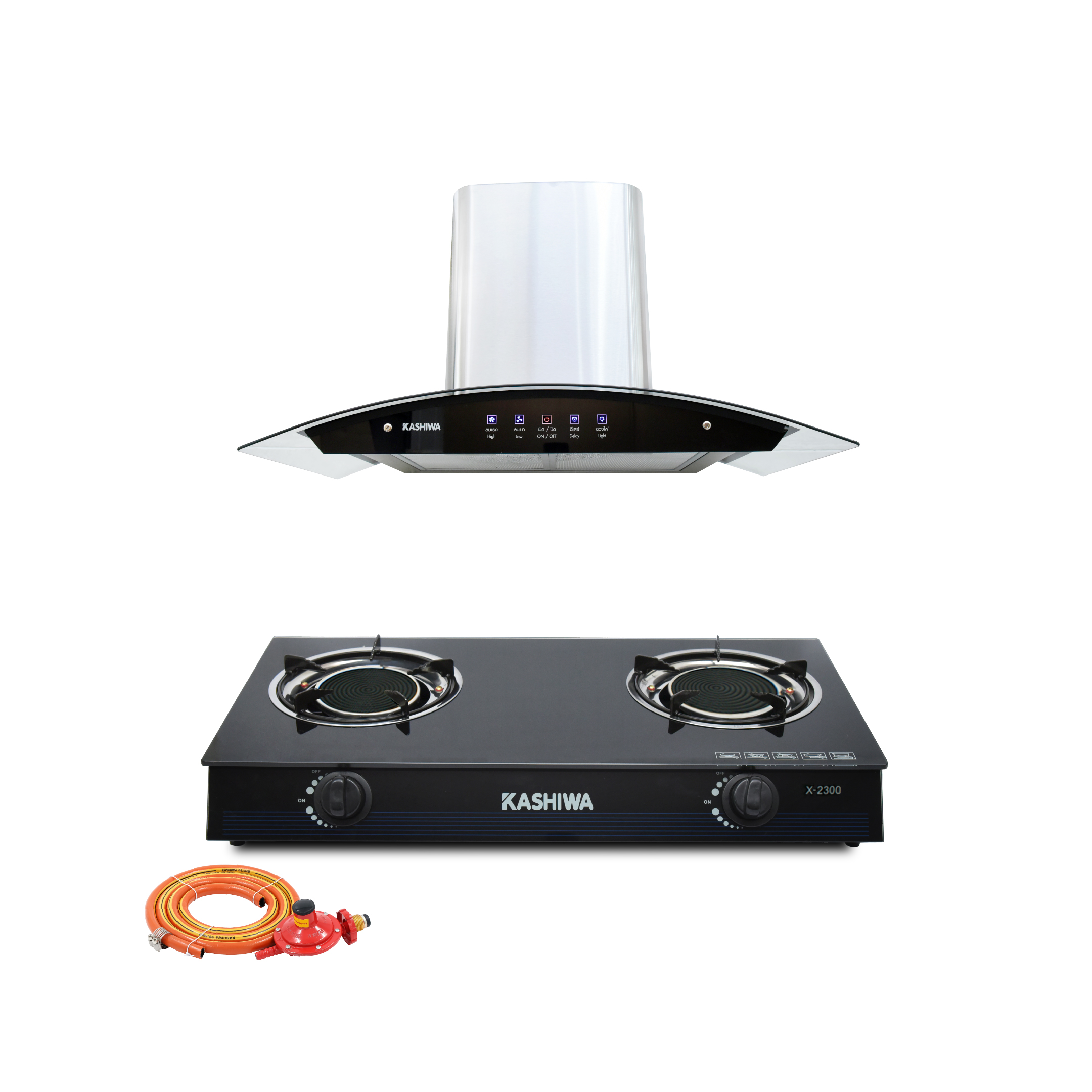 ชุดเซต เครื่องดูดควัน + เตาแก๊ส 2หัว KASHIWA PSD-308H + X-2300 +สายปรับแรงดันต่ำ_0