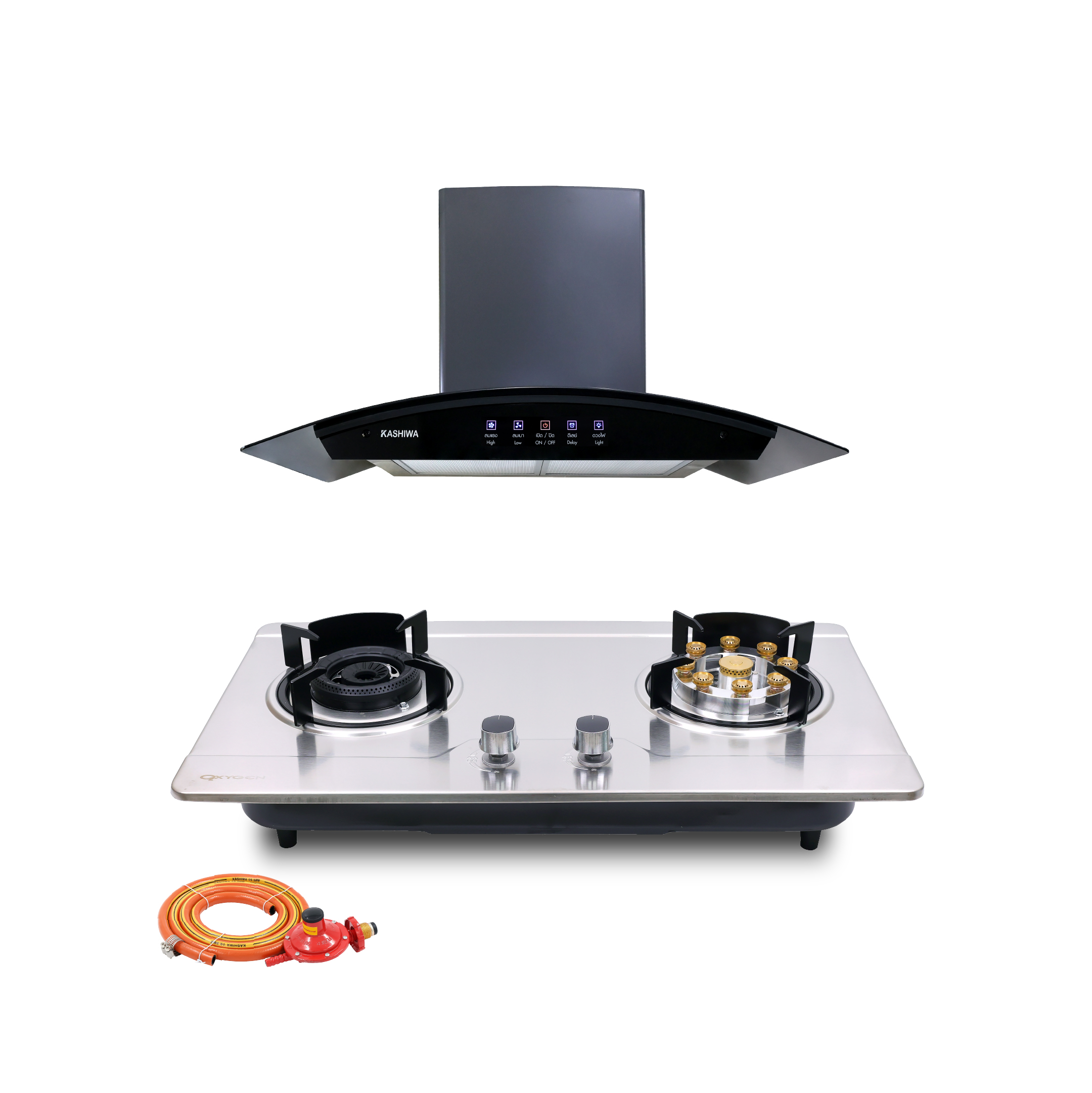 ชุดเซต เครื่องดูดควัน + เตาแก๊สฝัง 2 หัว KASHIWA PSD-309H+ Q-5006+สายปรับแรงดันต่ำ_0