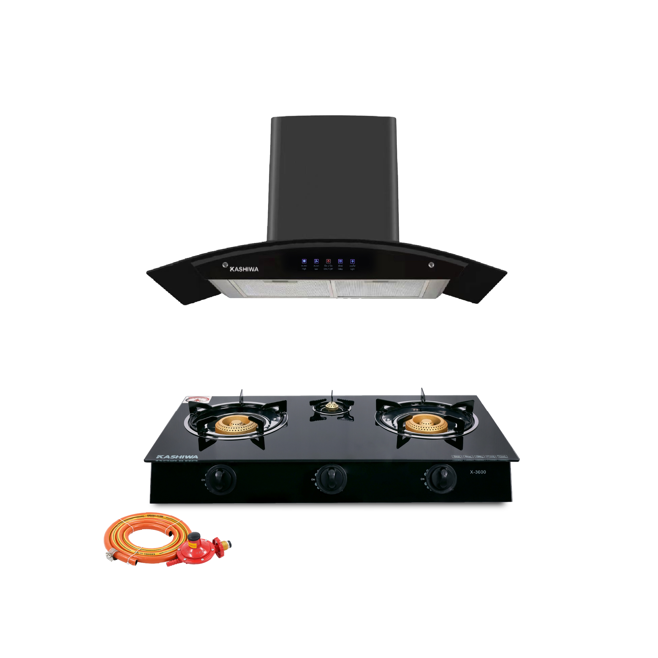 ชุดเซต เครื่องดูดควัน + เตาแก๊ส 3 หัว KASHIWA PSD-309H + X-3600-B+สายปรับแรงดันต่ำ_0