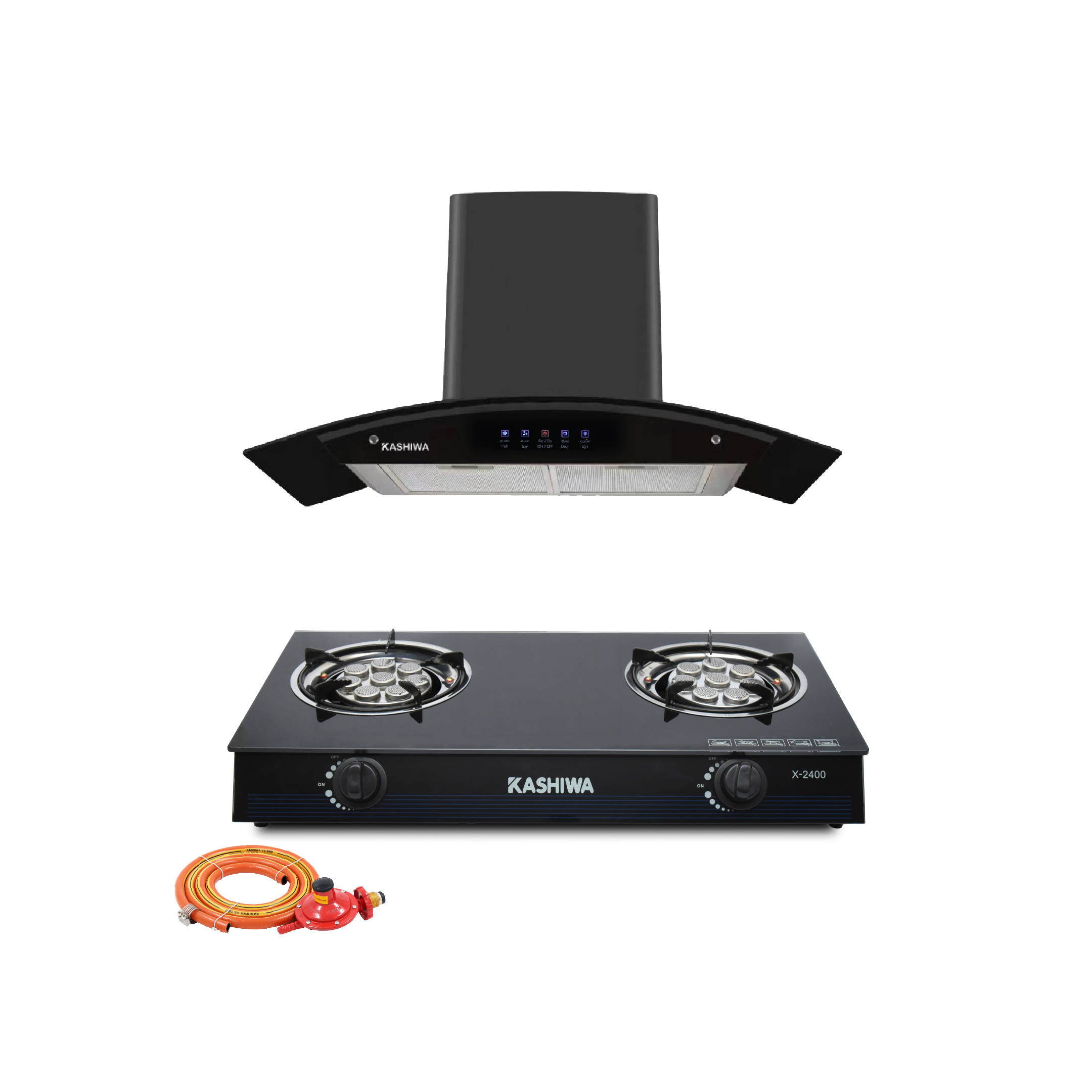 ชุดเซต เครื่องดูดควัน + เตาแก๊ส 2 หัว KASHIWA PSD-309H + X-2400+สายปรับแรงดันต่ำ_0
