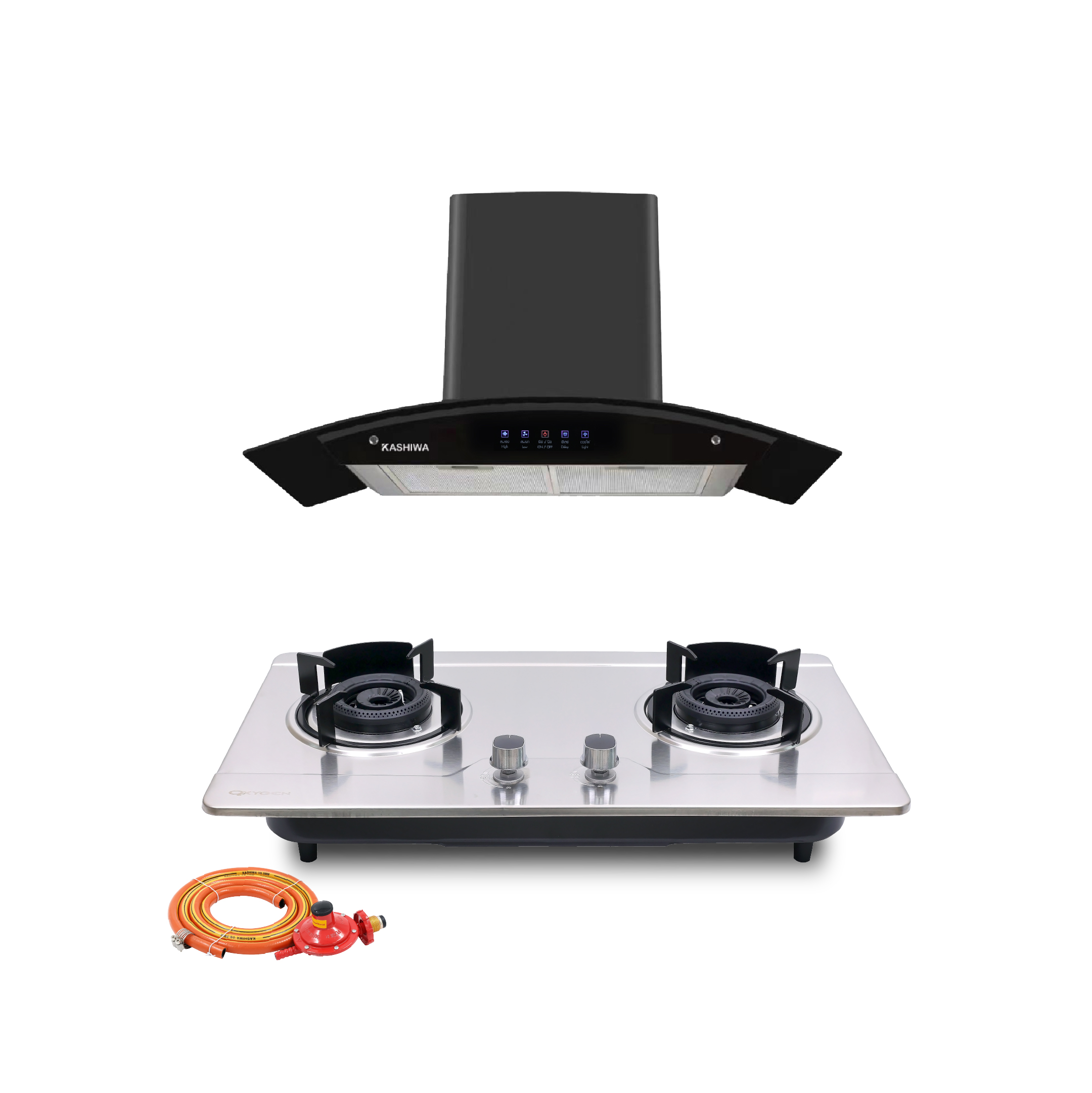 ชุดเซต เครื่องดูดควัน + เตาฝังแก๊ส 2 หัว KASHIWA PSD-309H+ Q-5001+สายปรับแรงดันต่ำ_0
