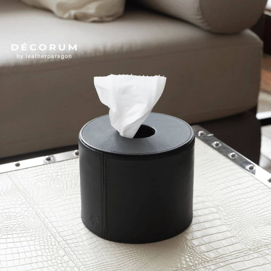 กล่องหนังใส่ทิชชู่กลม Decorum 13x13x14.5 cm สีเทา_1