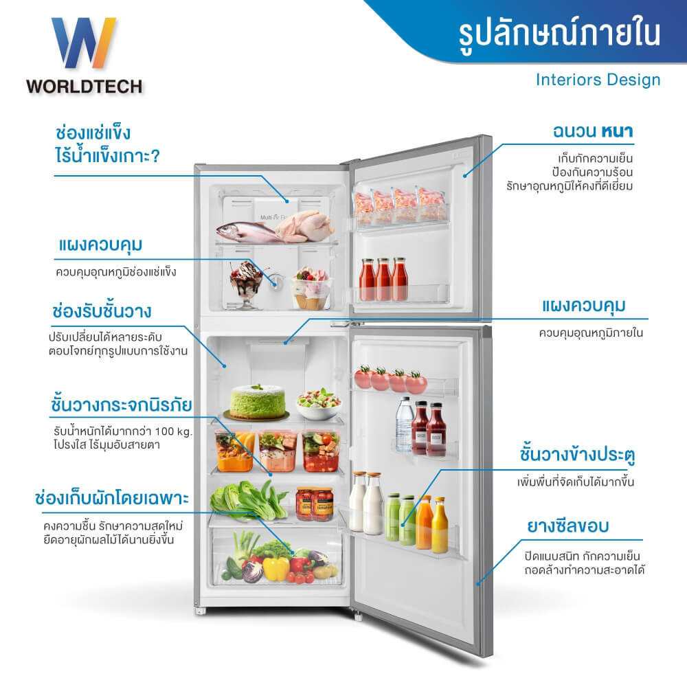 ตู้เย็น 2 ประตู WORLDTECH รุ่น WT-MRF-225W_SIL ขนาด 7.1 คิว ความจุ 202 ลิตร สีเงิน