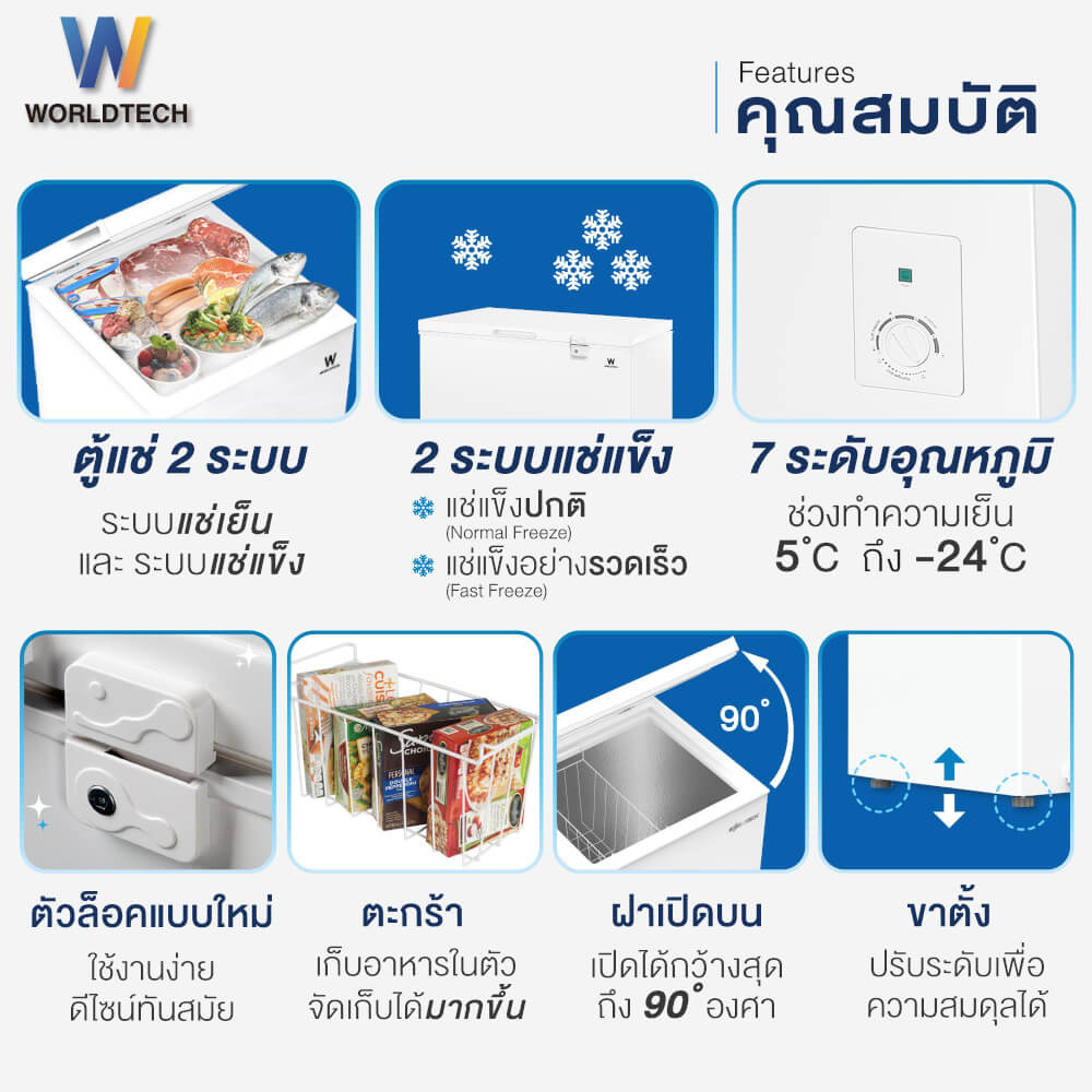  ตู้แช่ 2 ระบบ WORLDTECH รุ่น WT-FZ200 ขนาด 7 คิว ความจุ 199 ลิตร สีขาว