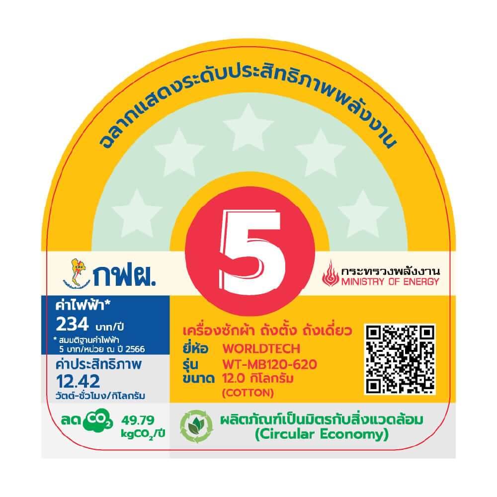 เครื่องซักผ้าฝาบน WORLDTECH รุ่น WT-MB120-620 ขนาด 12KG. สีเทา-ดำ