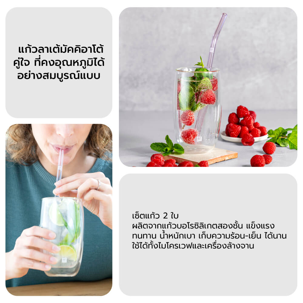 แก้วดับเบิ้ลวอลล์ ZWILLING Latte Macchiato เซท 2 ชิ้น   รุ่น Sorrento เก็บรักษาความร้อนและเย็น  350 มล. สีใส N39500078