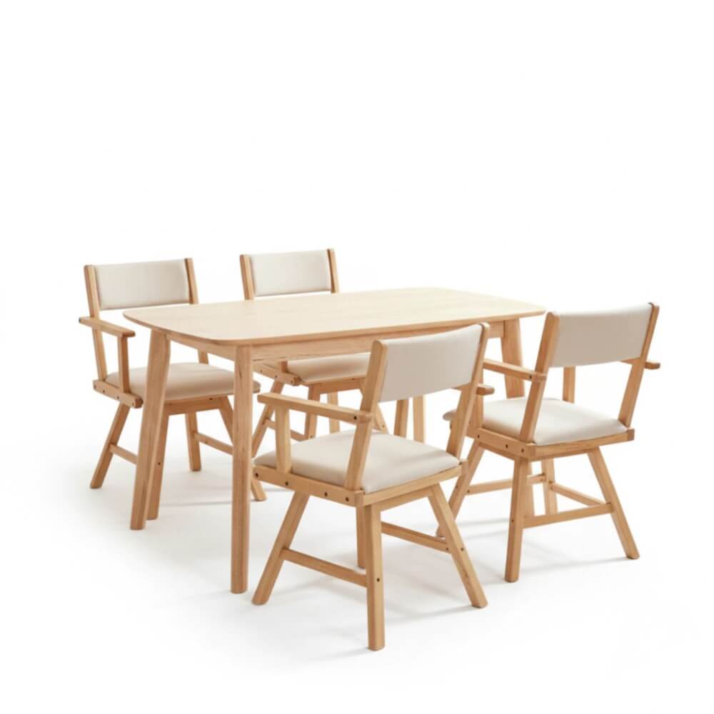 ชุดโต๊ะอาหาร 4 ที่นั่ง EVERGREEN FURNITURE สีไม้ธรรมชาติ  เก้าอี้เบาะหนังสีครีม
