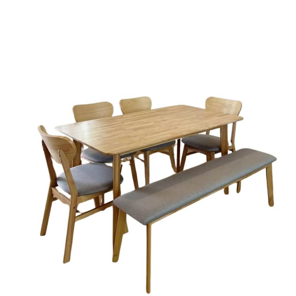 ชุดโต๊ะอาหาร 6 ที่นั่ง EVERGREEN FURNITURE เบาะผ้าสีเทา สีไม้ธรรมชาติ