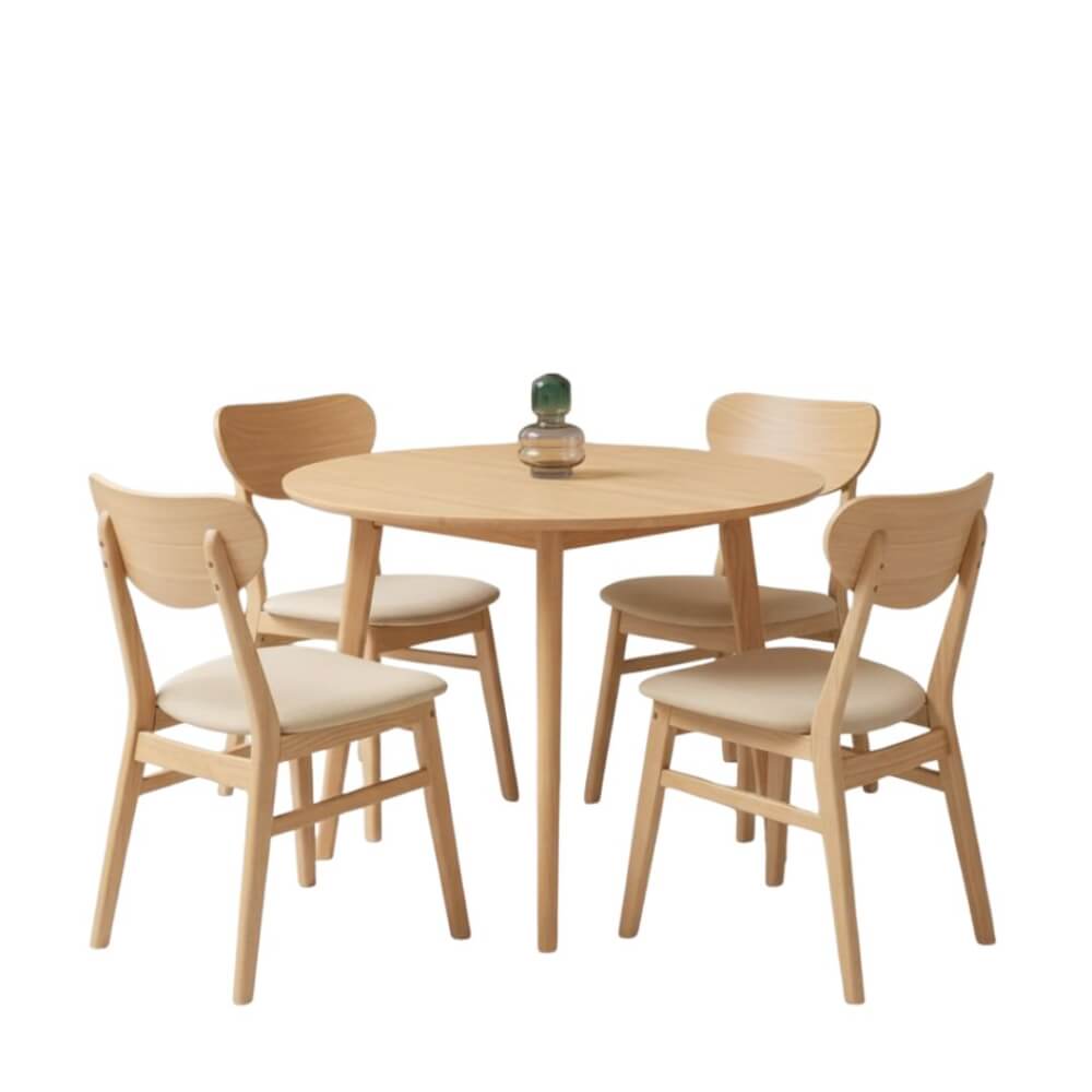 ชุดโต๊ะอาหาร 4 ที่นั่ง EVERGREEN FURNITURE  เบาะหนังสีครีม สีไม้ธรรมชาติ