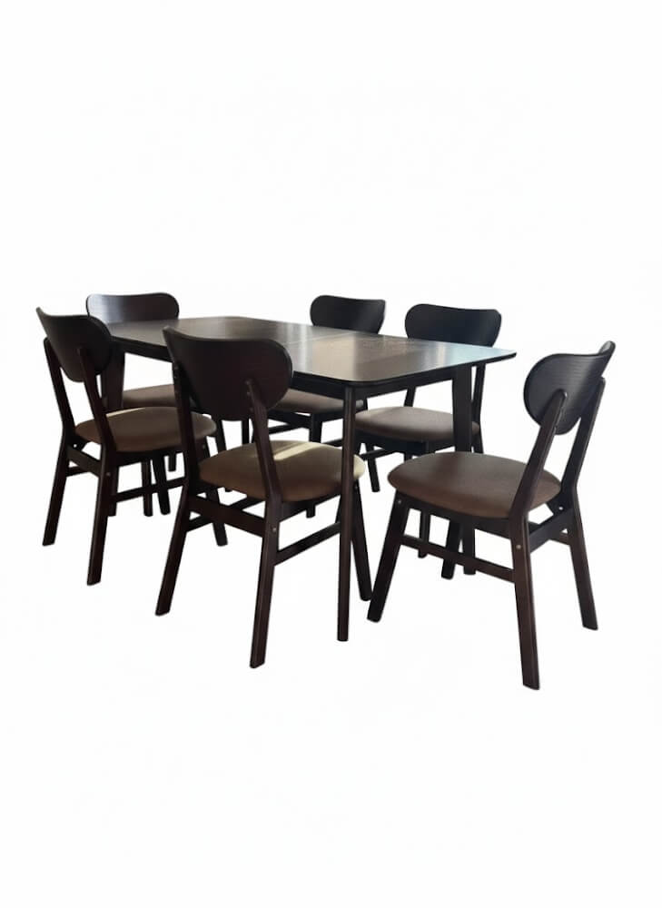 ชุดโต๊ะอาหาร 6 ที่นั่ง EVERGREEN FURNITURE สีวอลนัท เบาะหนังสีน้ำตาล
