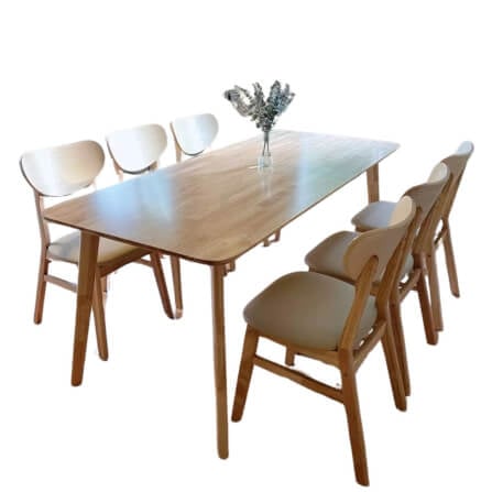 ชุดโต๊ะอาหาร 6 ที่นั่ง EVERGREEN FURNITURE สีไม้ธรรมชาติ  เบาะหนังสีครีม_0