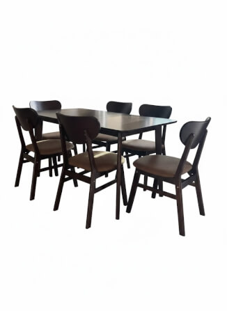 ชุดโต๊ะอาหาร 6 ที่นั่ง EVERGREEN FURNITURE สีวอลนัท เบาะหนังสีน้ำตาล_0