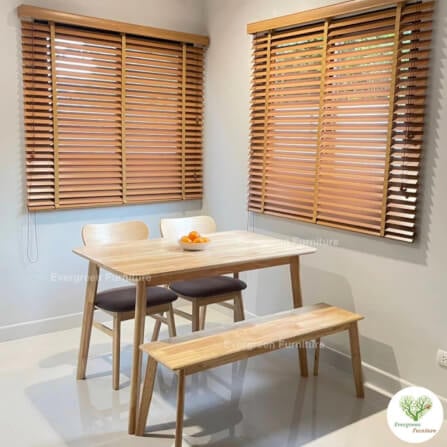 ชุดโต๊ะทานอาหารไม้ยางพารา EVERGREEN FURNITURE สีไม้ธรรมชาติ เก้าอี้เบาะผ้าสีเทา 2 ตัว + ม้านั่งไม้ยางพารา 1 ตัว_2