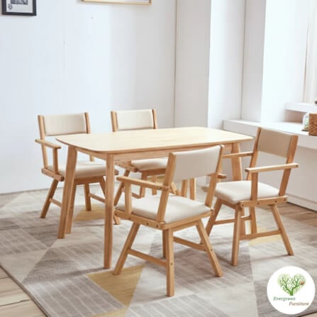 ชุดโต๊ะอาหาร 4 ที่นั่ง EVERGREEN FURNITURE สีไม้ธรรมชาติ  เก้าอี้เบาะหนังสีครีม_4