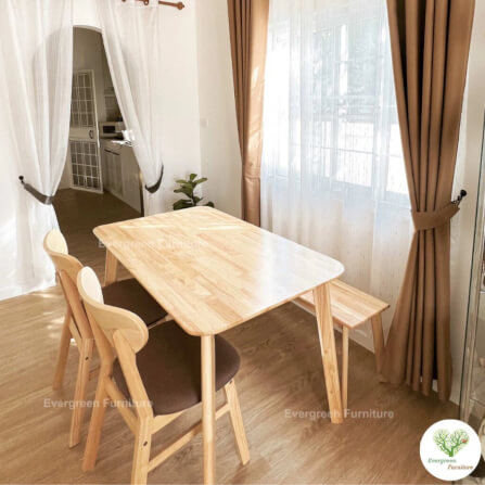 ชุดโต๊ะทานอาหารไม้ยางพารา EVERGREEN FURNITURE สีไม้ธรรมชาติ เก้าอี้เบาะผ้าสีเทา 2 ตัว + ม้านั่งไม้ยางพารา 1 ตัว_1