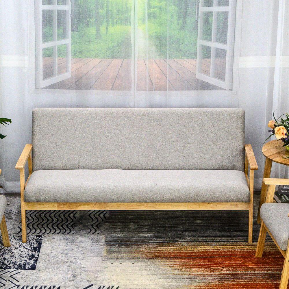 โซฟาไม้ยางพารา 3 ที่นั่ง EVERGREEN FURNITURE S-C-03 150*62*72 ไม้สีธรรมชาติ เบาะผ้าสีเทา