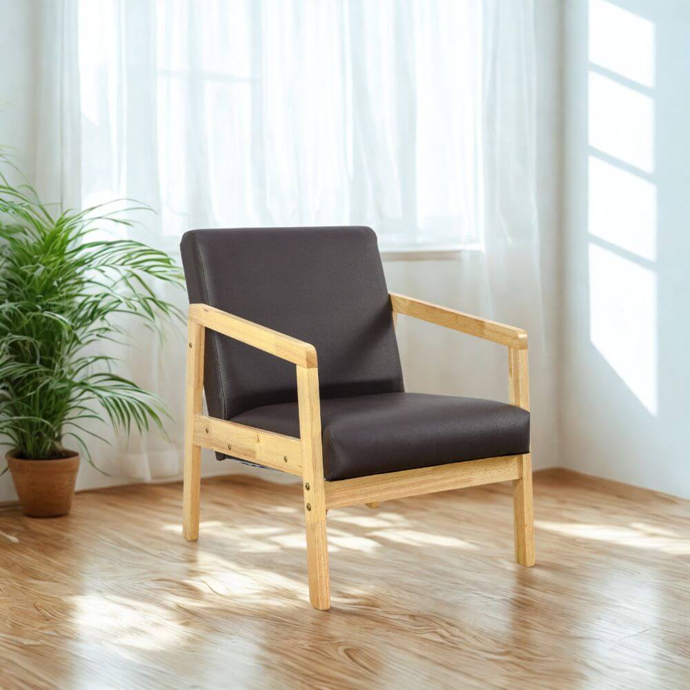 โซฟาไม้ยางพารา 1 ที่นั่ง EVERGREEN FURNITURE S-M-01 74*55*62 เบาะหนัง ไม้สีธรรมชาติ_3
