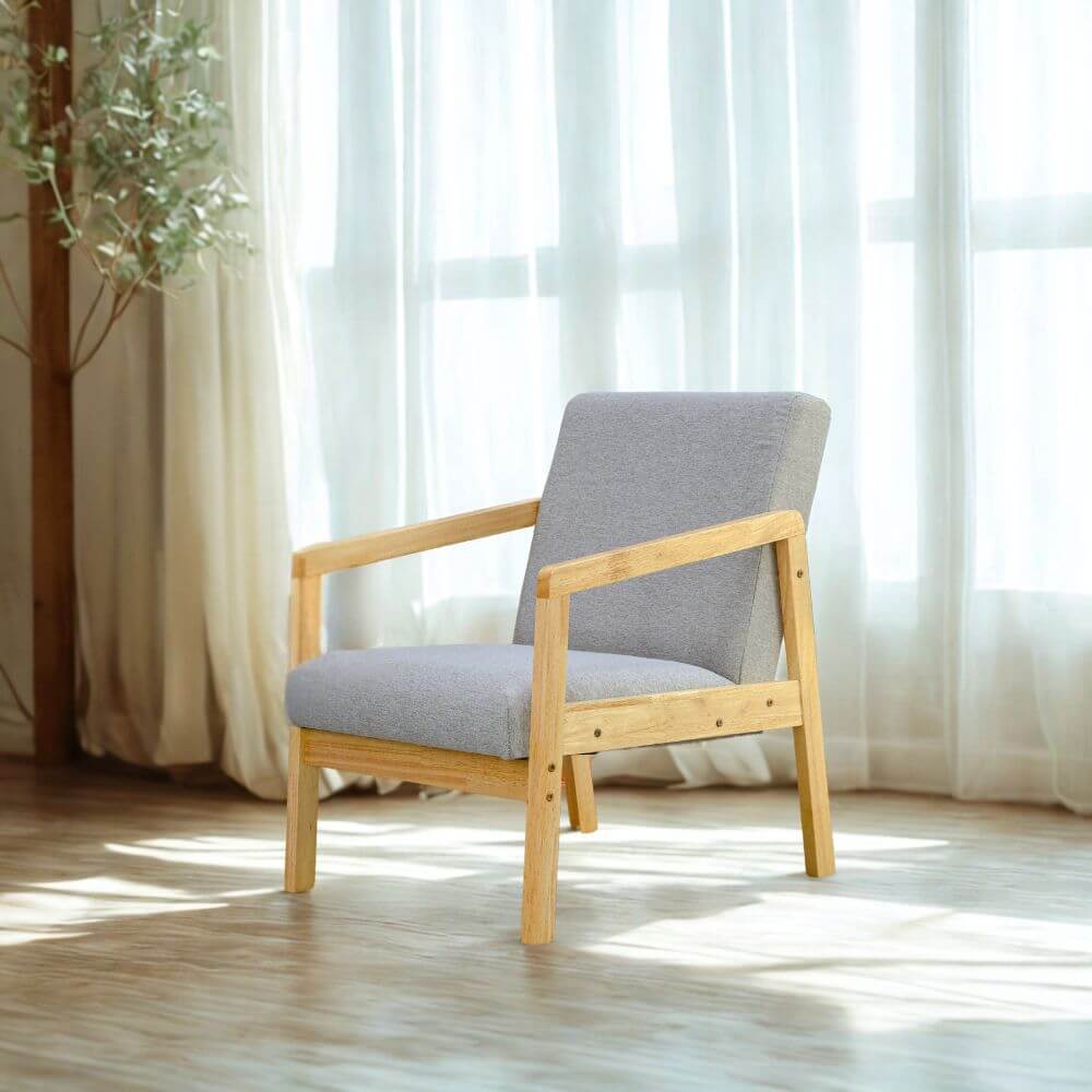 โซฟาไม้ยางพารา 1 ที่นั่ง EVERGREEN FURNITURE S-M-01 74*55*62 เบาะผ้าสีเทา ไม้สีธรรมชาติ_3