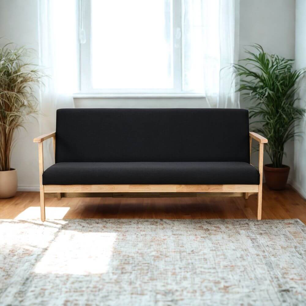 โซฟาไม้ยางพารา 3 ที่นั่ง EVERGREEN FURNITURE S-NC-03 150*62*72 ไม้สีธรรมชาติ เบาะผ้าสีดำ