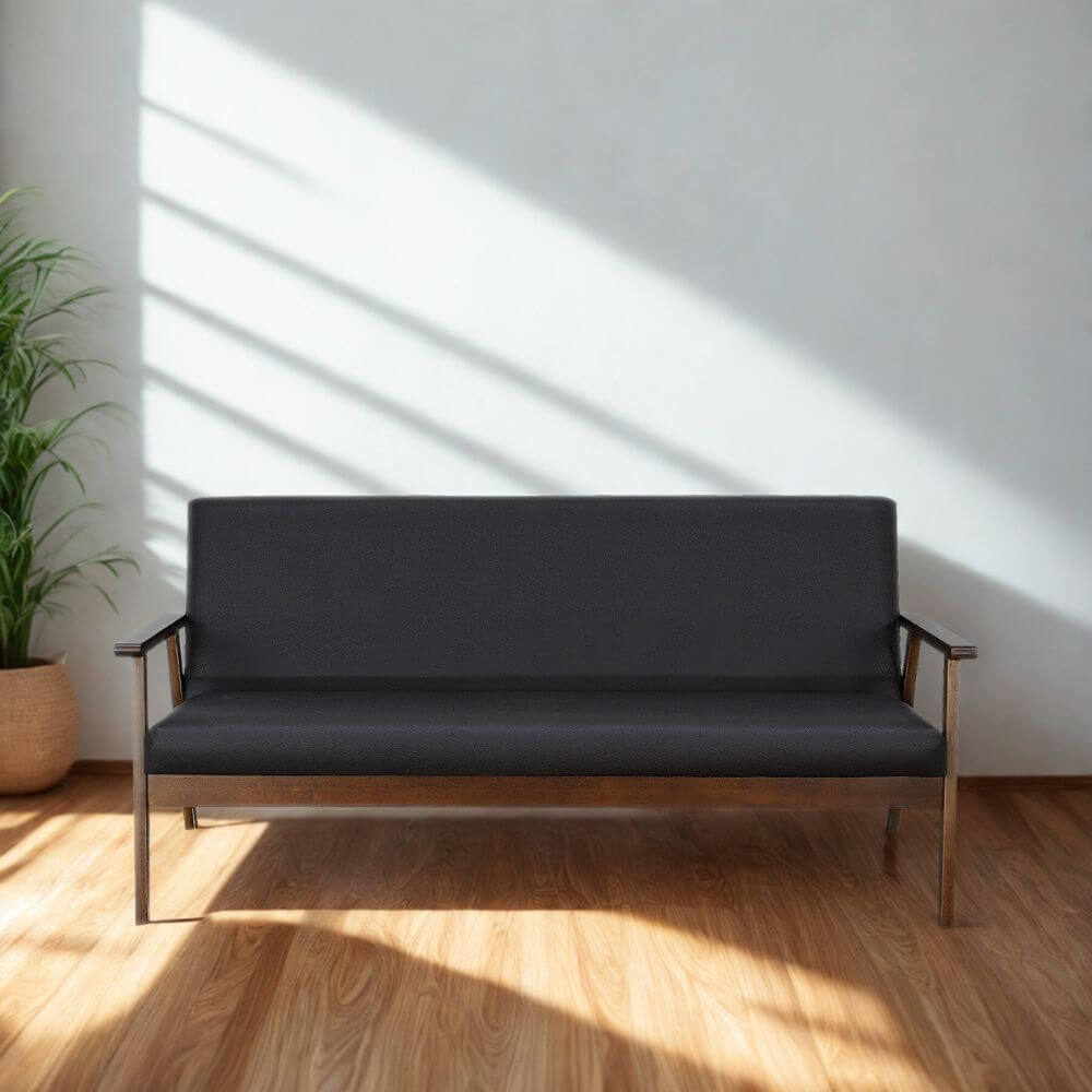 โซฟาไม้ยางพารา 3 ที่นั่ง EVERGREEN FURNITURE S-C-03 150*62*72 ไม้สีน้ำตาลเข้ม เบาะหนังสีกรม