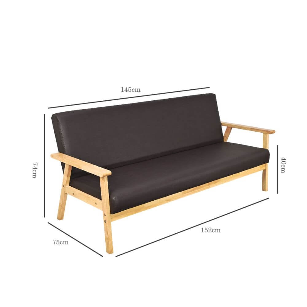 โซฟาไม้ยางพารา 3 ที่นั่ง EVERGREEN FURNITURE S-C-03 150*62*72 ไม้สีธรรมชาติ เบาะหนังสีกรม