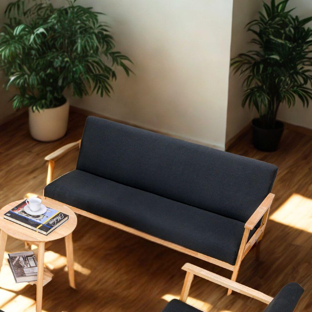 โซฟาไม้ยางพารา 3 ที่นั่ง EVERGREEN FURNITURE S-NC-03 150*62*72 ไม้สีธรรมชาติ เบาะผ้าสีดำ