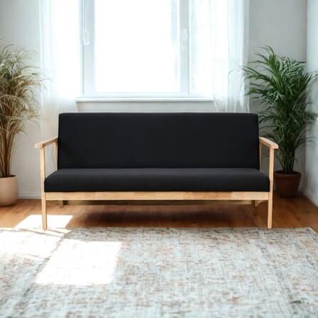 โซฟาไม้ยางพารา 3 ที่นั่ง EVERGREEN FURNITURE S-NC-03 150*62*72 ไม้สีธรรมชาติ เบาะผ้าสีดำ_4