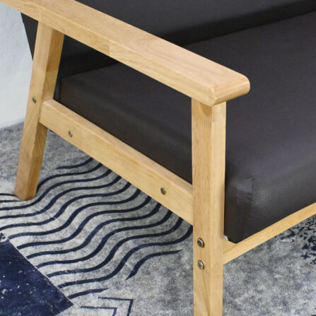 โซฟาไม้ยางพารา 3 ที่นั่ง EVERGREEN FURNITURE S-C-03 150*62*72 ไม้สีธรรมชาติ เบาะหนังสีกรม_4